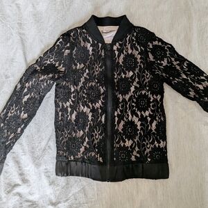 Saks Fifth Ave WD•NY Lace Bomber Jacket Black w/Pink Satin Lining Sz Small* EUC